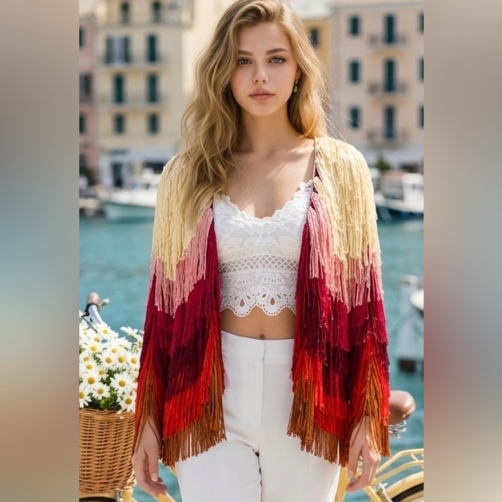 Anthropologie Ombre Fringed Open-Front Sweater in Cream, Pink, Red and Brown